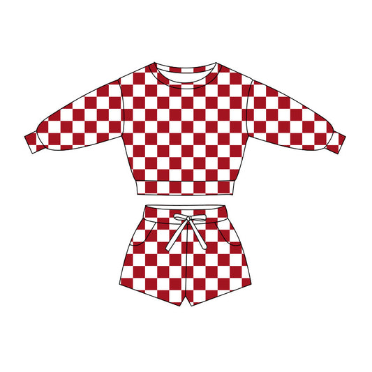 Dark Red checkered long sleeve top matching shorts girls clothes preorder