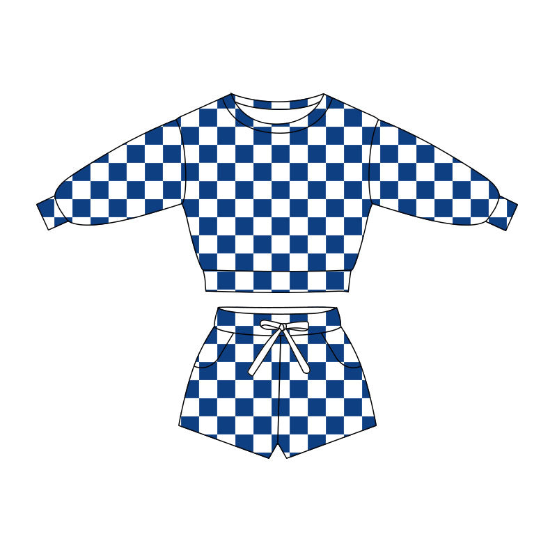 Blue checkered long sleeve top matching shorts girls clothes preorder
