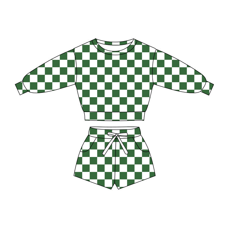 Green checkered long sleeve top matching shorts girls clothes preorder