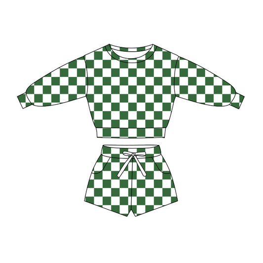 Green checkered long sleeve top matching shorts girls clothes preorder