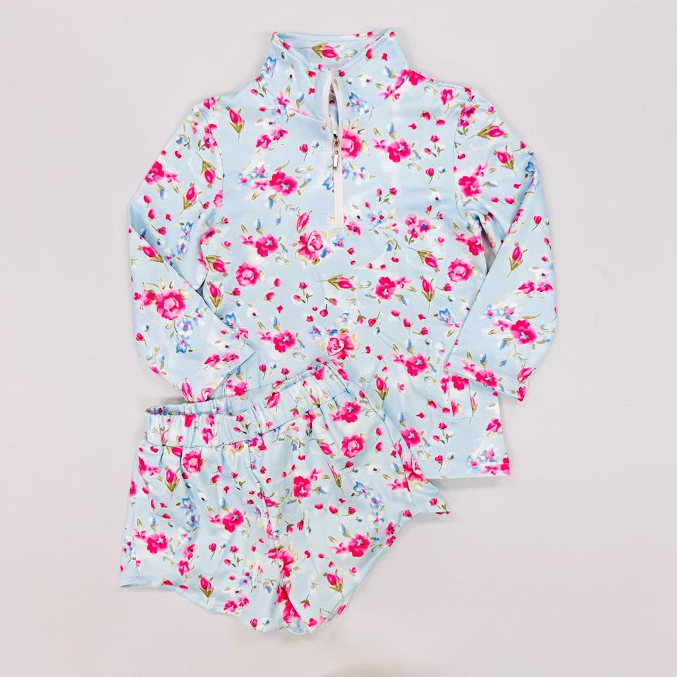 Pink flower pullover matching shorts girls long sleeve yoga outfit preorder