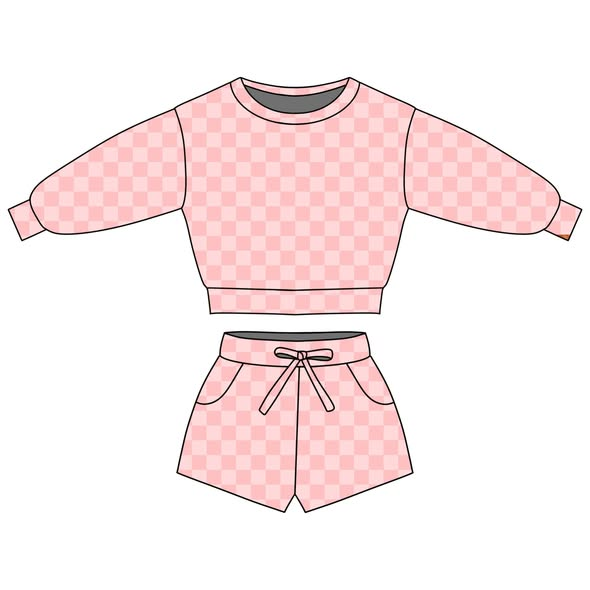 Pink plaid long sleeve top matching shorts kids wholesale outfit preorder