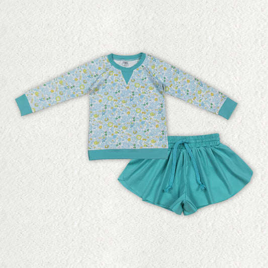 Blue floral long sleeve top aqua yoga shorts girls outfit