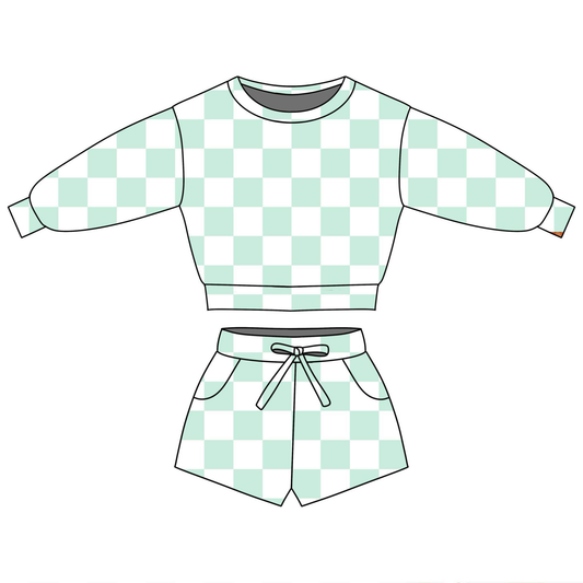 Green plaid long sleeve top matching shorts girls outfit preorder