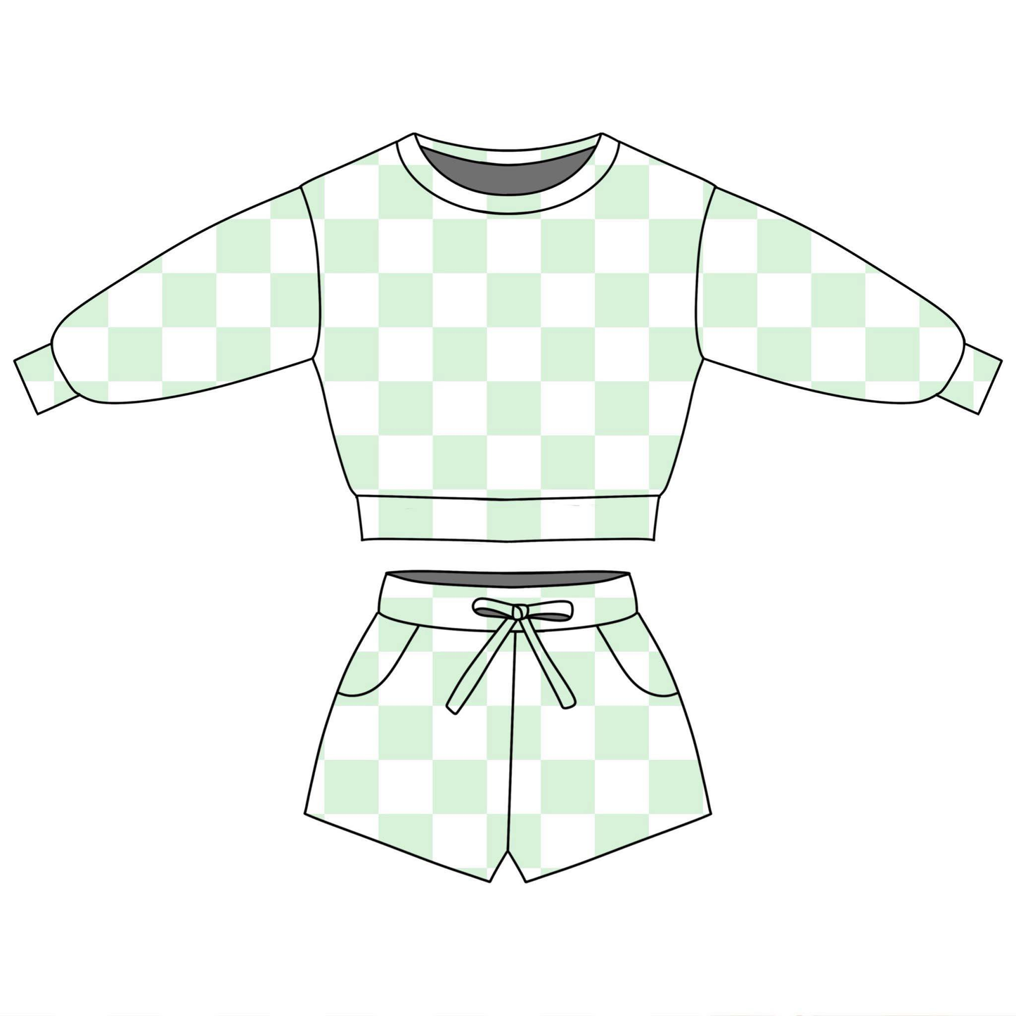 Lt Green plaid long sleeve top matching shorts girls outfit preorder