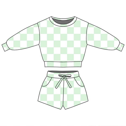 Lt Green plaid long sleeve top matching shorts girls outfit preorder