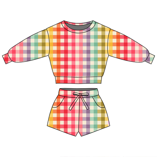 Colorful plaid top matching shorts girls outfit preorder