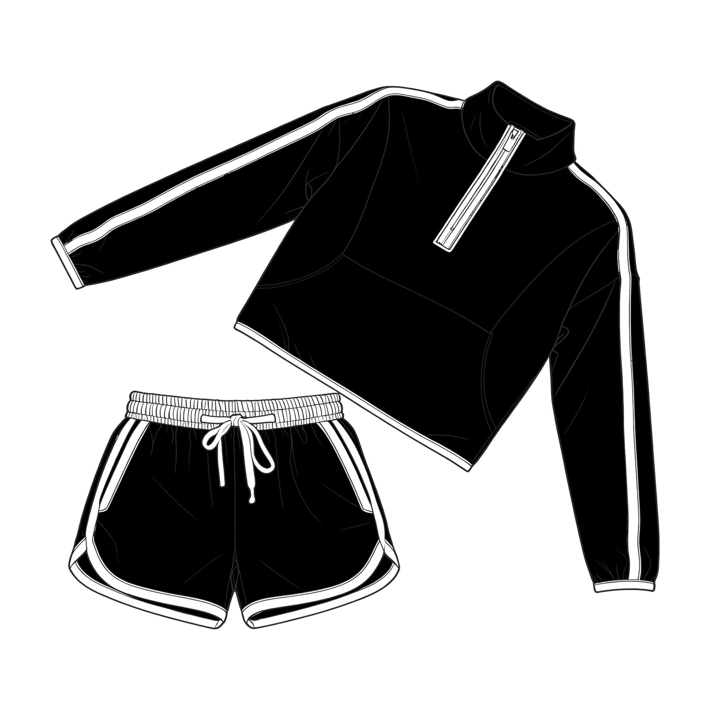 Adult Women black long sleeve pullover matching shorts sports outfit preorder