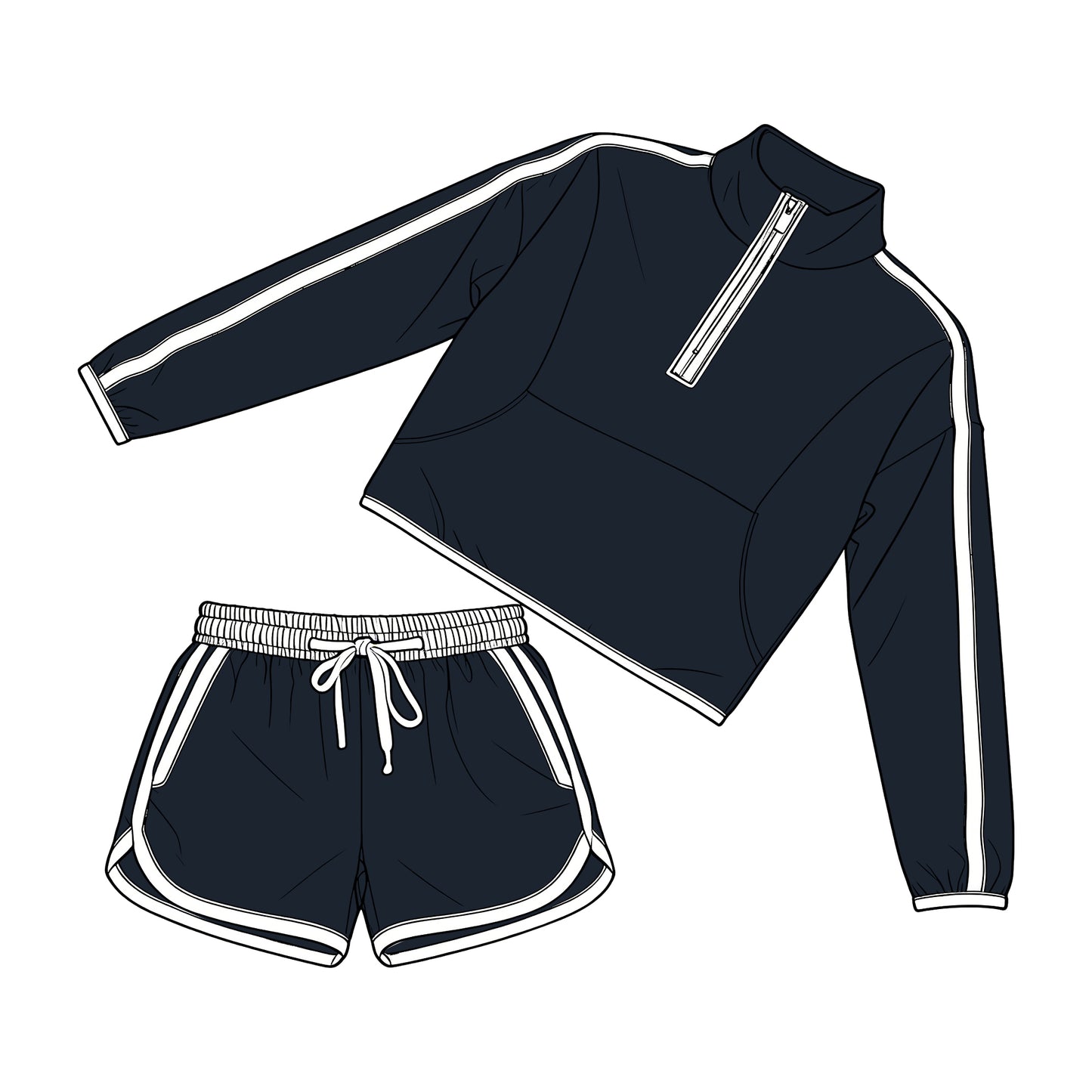 Adult Women navy long sleeve pullover matching shorts sports outfit preorder