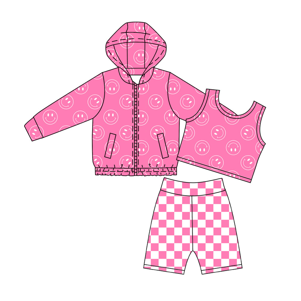 Smile face tank top matching pants long sleeve hoodie top 3pcs yoga clothing set preorder