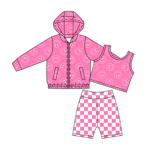 Smile face tank top matching pants long sleeve hoodie top 3pcs yoga clothing set preorder