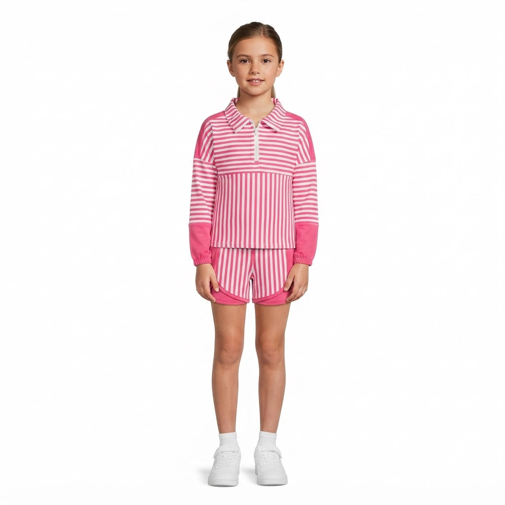 Pink long sleeve yoga pullover top matching shorts girls outfit preorder