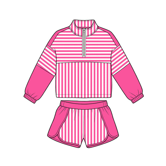 Pink long sleeve yoga pullover top matching shorts girls outfit preorder