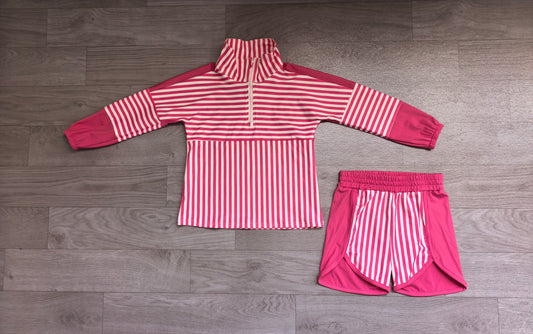 Pink long sleeve yoga pullover top matching shorts girls outfit preorder