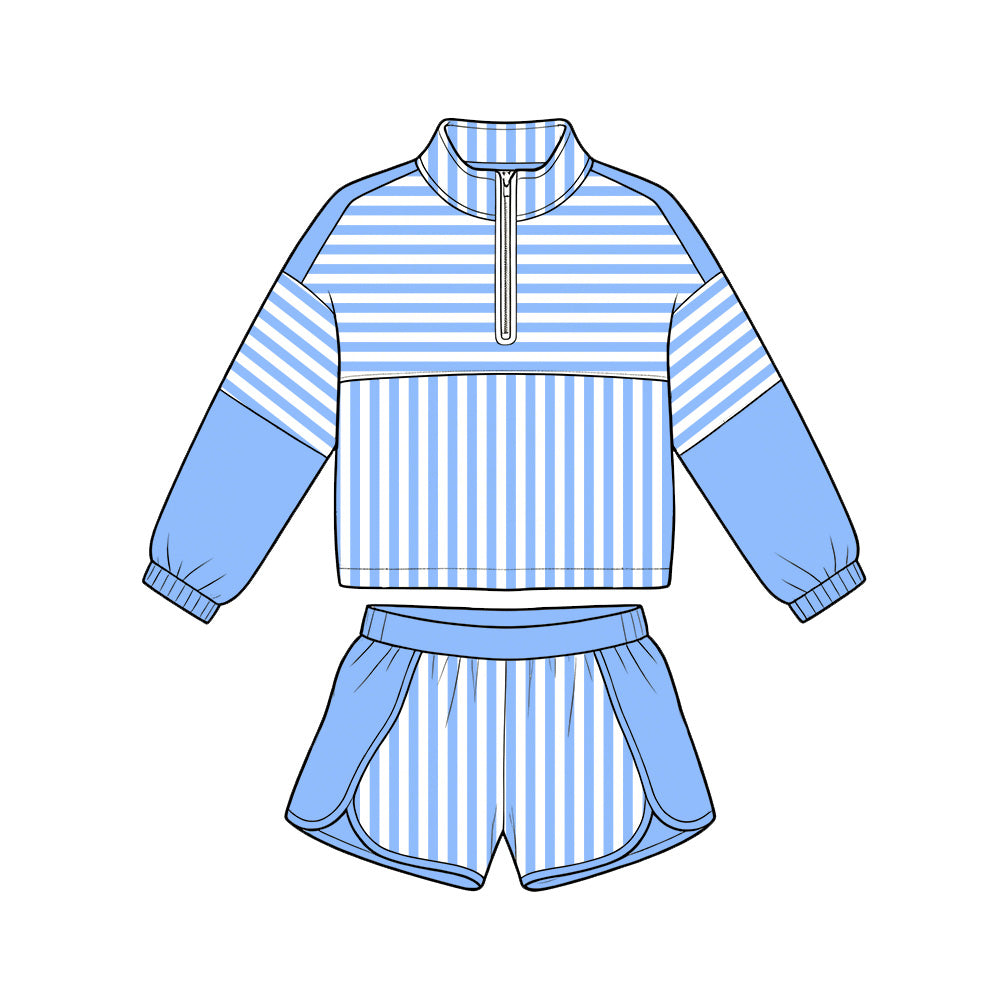 Blue long sleeve yoga pullover top matching shorts girls outfit preorder