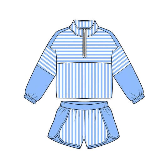 Blue long sleeve yoga pullover top matching shorts girls outfit preorder