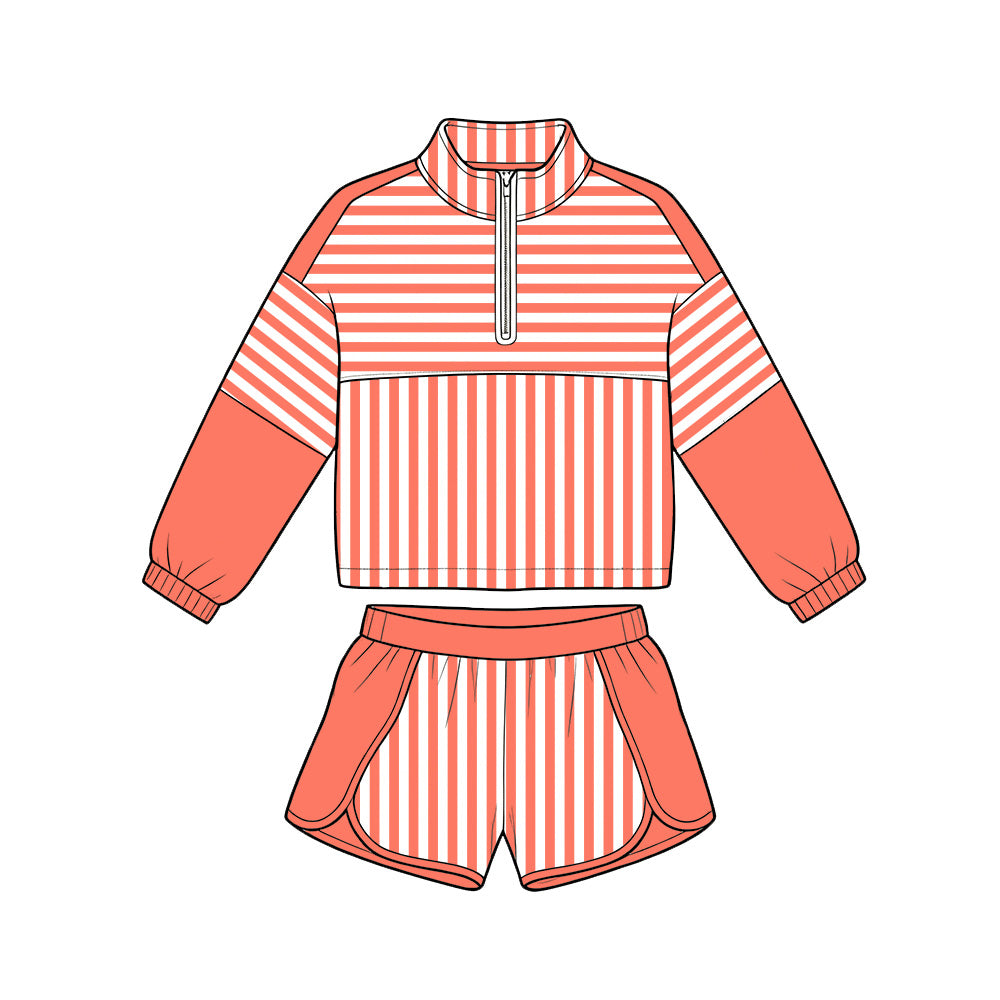 Orange long sleeve yoga pullover top matching shorts girls outfit preorder