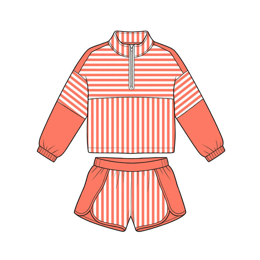 Orange long sleeve yoga pullover top matching shorts girls outfit preorder