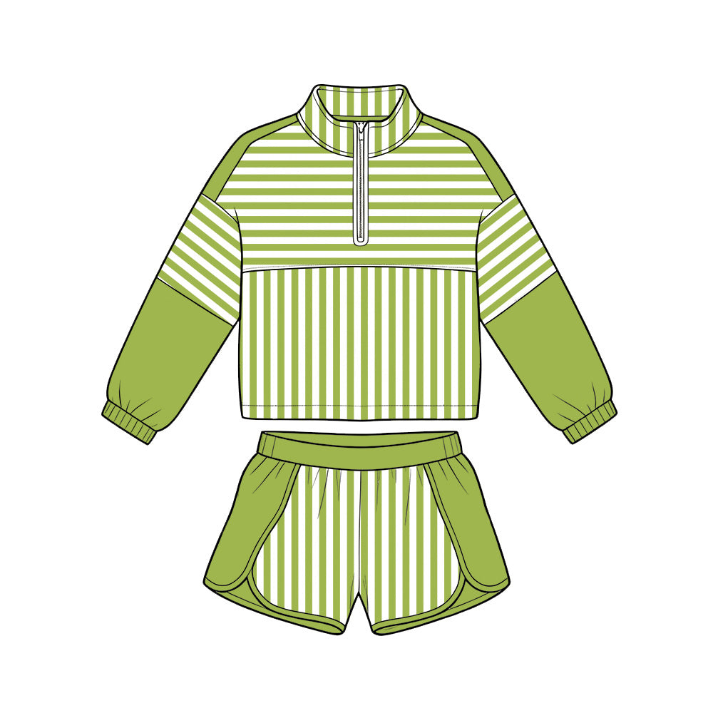 Green long sleeve yoga pullover top matching shorts girls outfit preorder