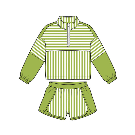 Green long sleeve yoga pullover top matching shorts girls outfit preorder