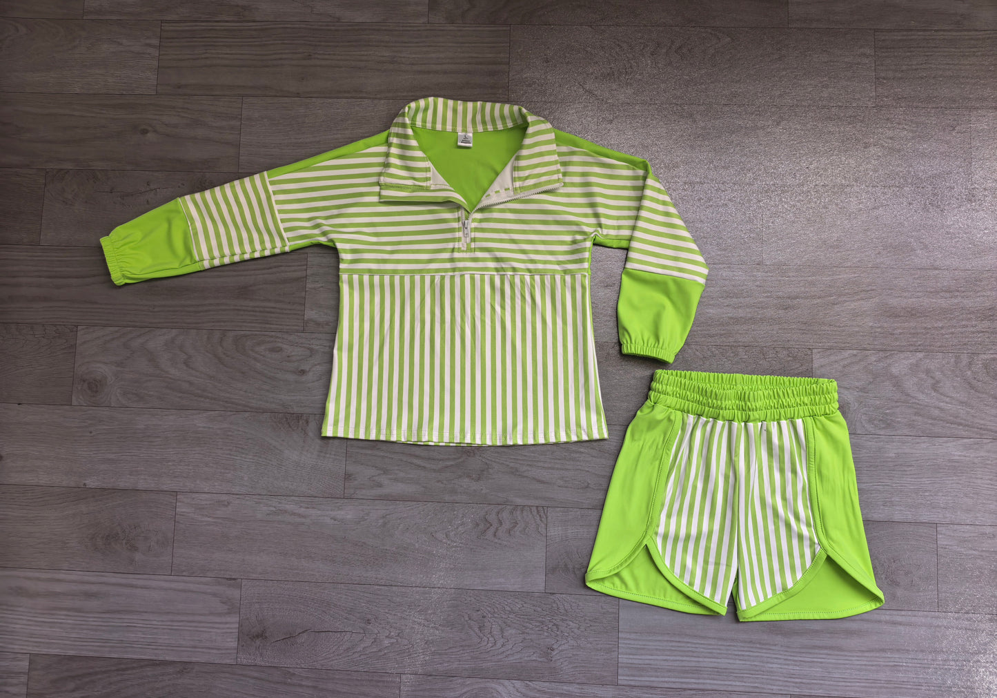 Green long sleeve yoga pullover top matching shorts girls outfit preorder