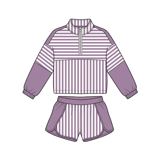 Purple long sleeve yoga pullover top matching shorts girls outfit preorder