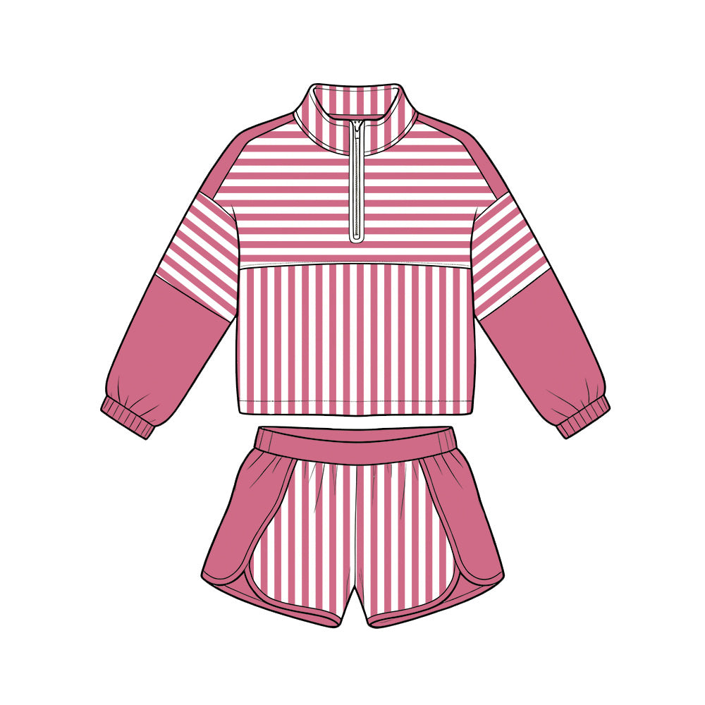 Dark pink long sleeve yoga pullover top matching shorts girls outfit preorder