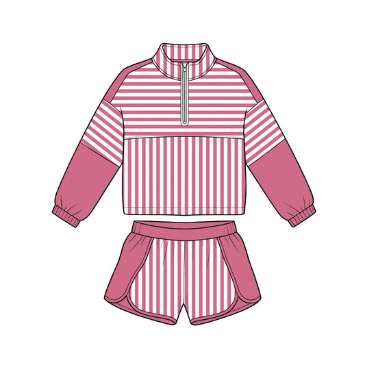 Dark pink long sleeve yoga pullover top matching shorts girls outfit preorder