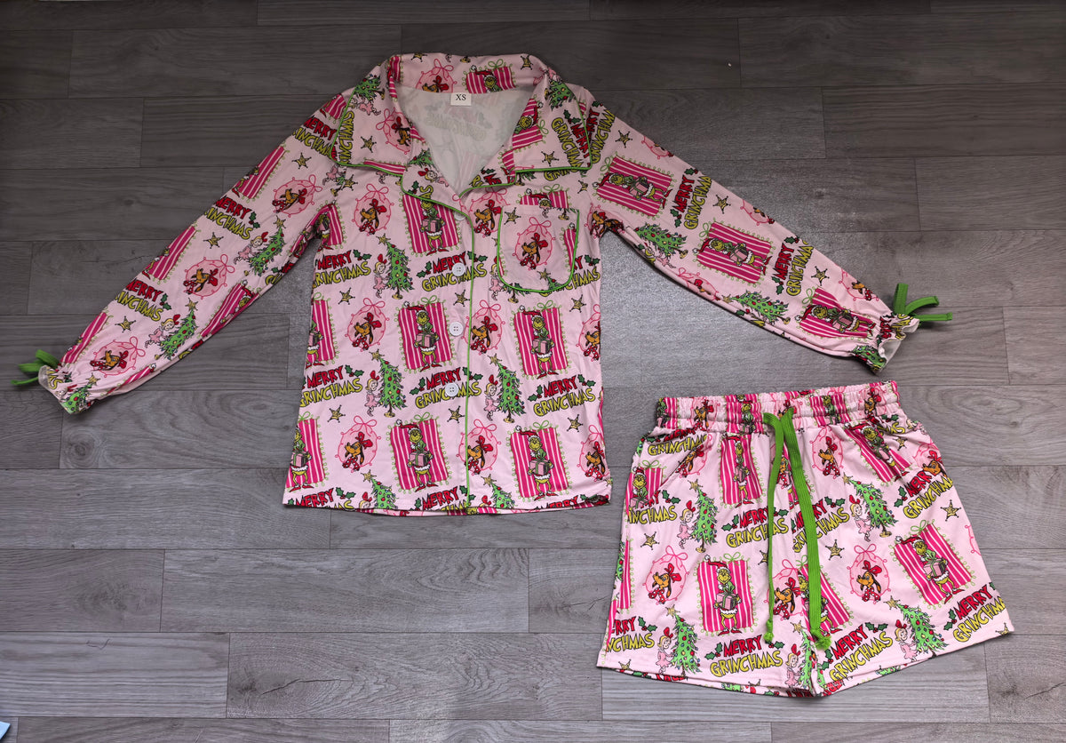 Adult women christmas green face short sleeve pajama set preorder
