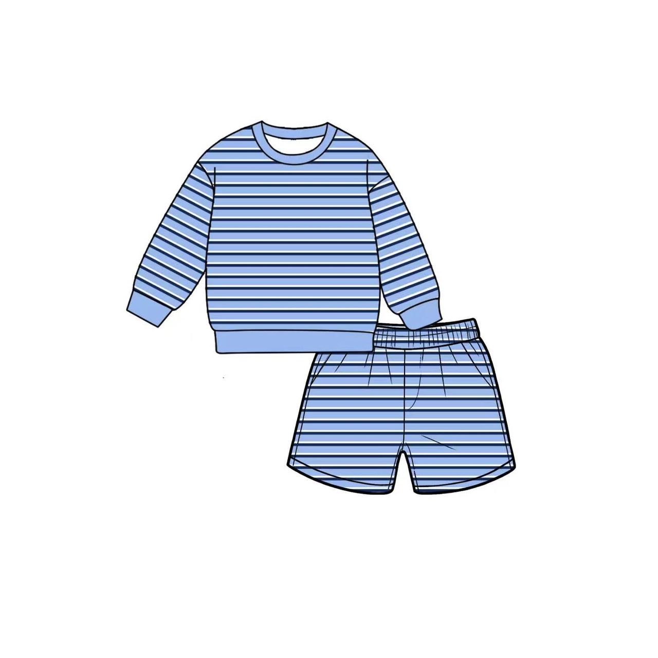 Blue stripes long sleeve yoga pullover top matching shorts girls outfit preorder