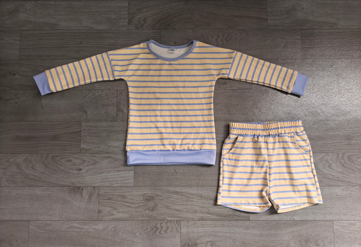 Yellow stripes long sleeve yoga pullover top matching shorts girls outfit preorder