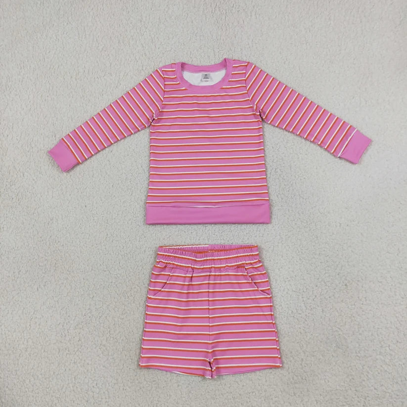 Yellow stripes long sleeve yoga pullover top matching shorts girls outfit