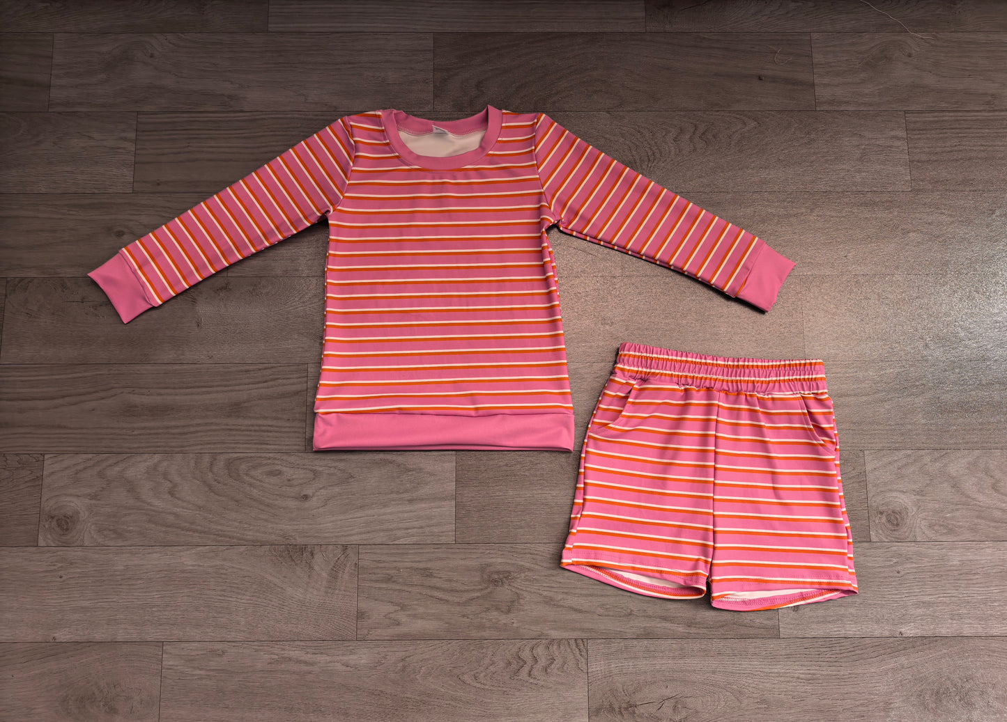 Pink stripes long sleeve yoga pullover top matching shorts girls outfit preorder