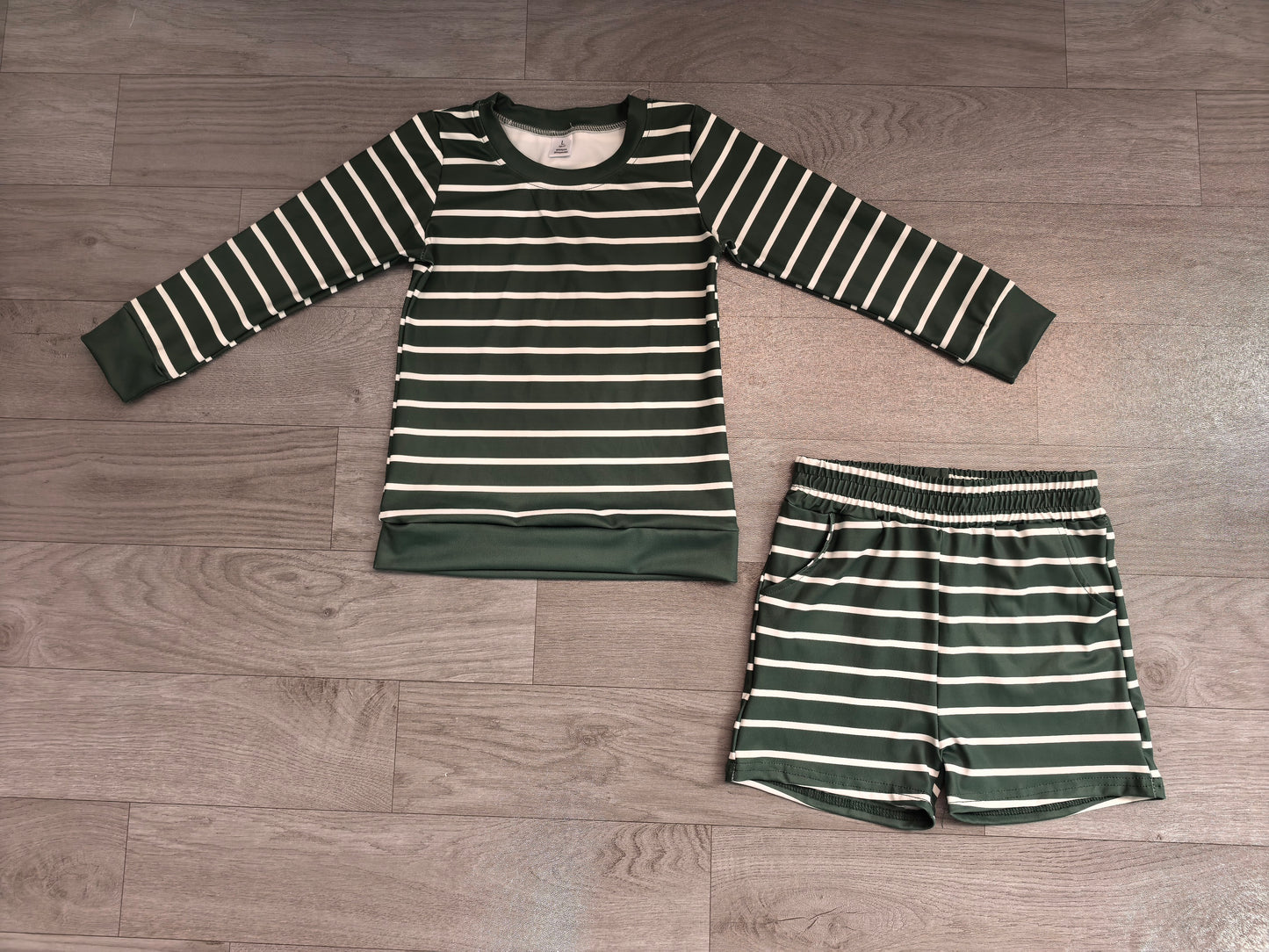 Green stripes long sleeve yoga pullover top matching shorts girls outfit preorder