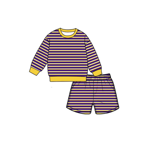 Purple stripes long sleeve yoga pullover top matching shorts girls outfit preorder