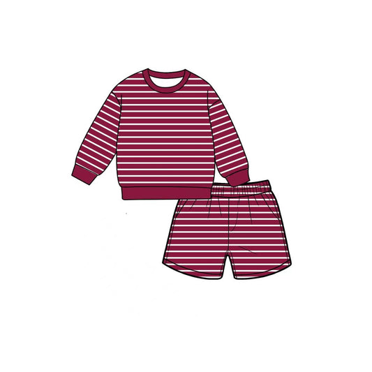 Maroon stripes long sleeve yoga pullover top matching shorts girls outfit preorder