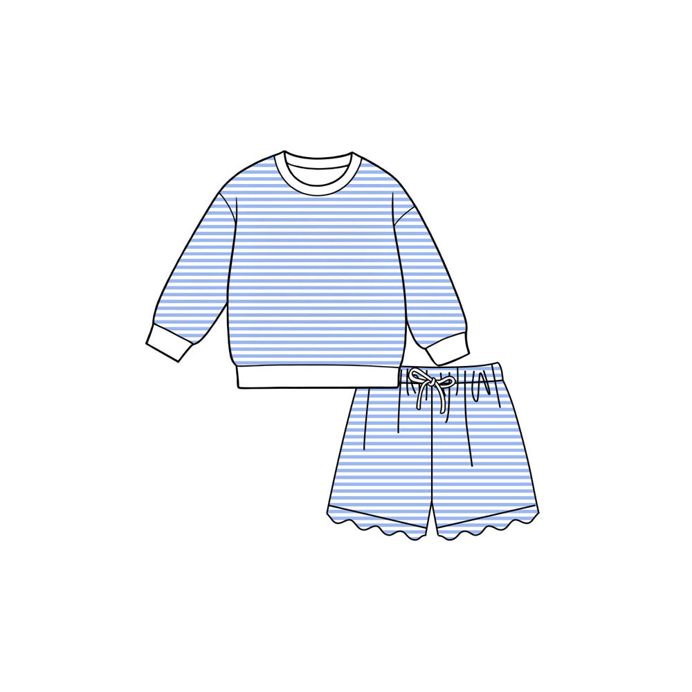 Sky blue stripes long sleeve yoga pullover top matching shorts girls outfit preorder
