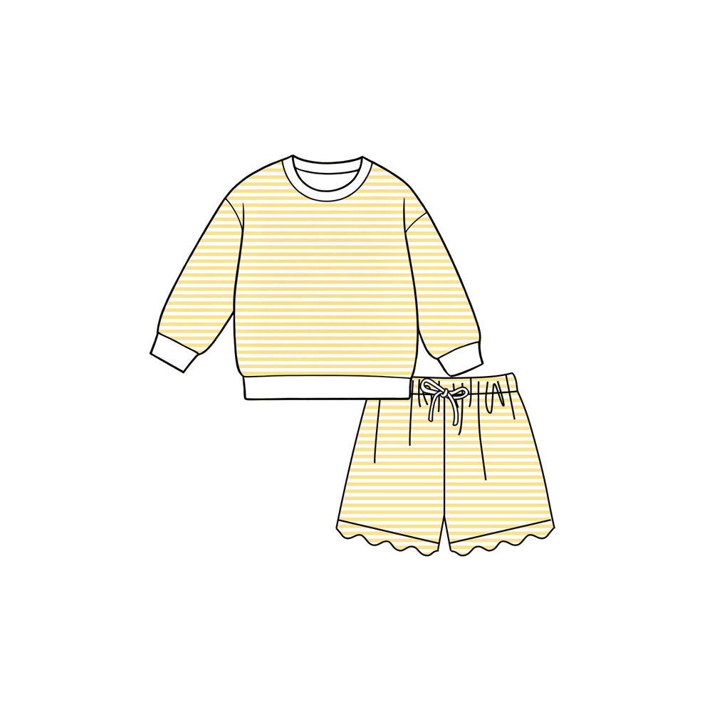 Yellow stripes long sleeve yoga pullover top matching shorts girls outfit preorder
