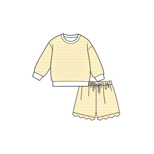 Yellow stripes long sleeve yoga pullover top matching shorts girls outfit preorder