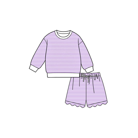 Lavender stripes long sleeve yoga pullover top matching shorts girls outfit preorder