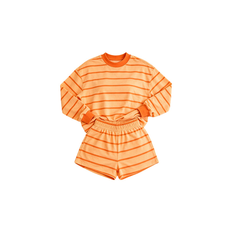 Orange stripes long sleeve yoga pullover top matching shorts girls outfit preorder