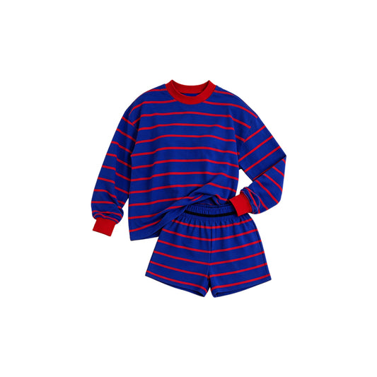 Royal blue stripes long sleeve yoga pullover top matching shorts girls outfit preorder