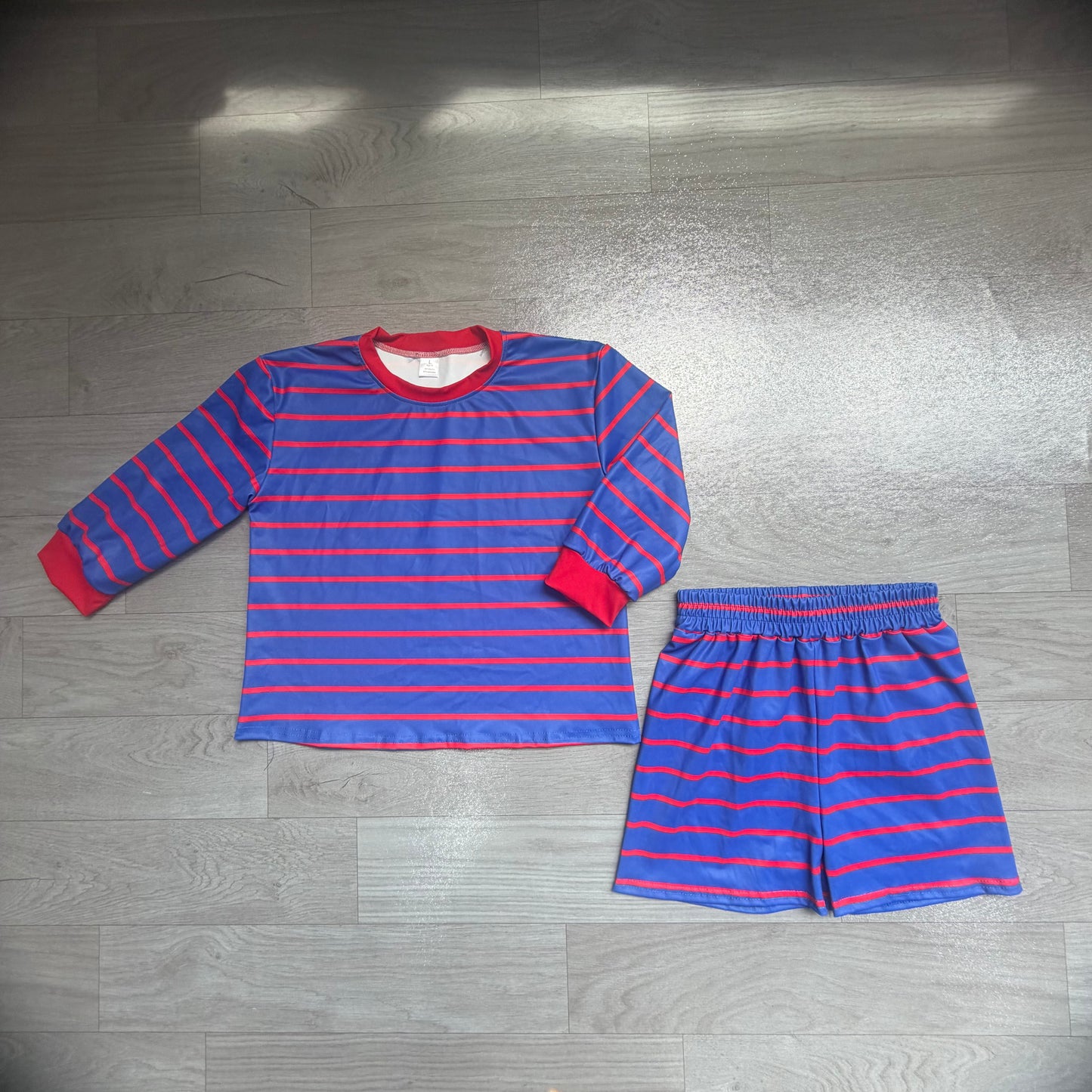 Royal blue stripes long sleeve yoga pullover top matching shorts girls outfit preorder