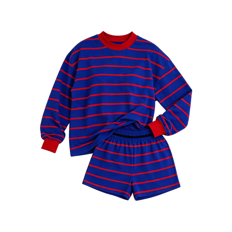 Adult Women royal blue stripes yoga top matching shorts summer outfit preorder