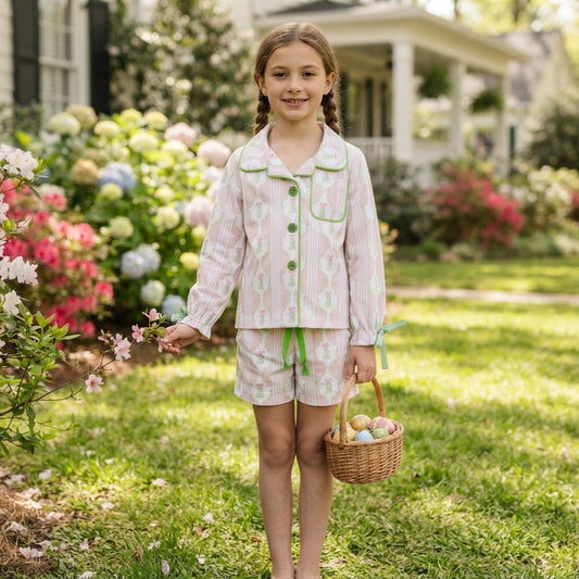 Girls long sleeve Christmas tree top matching shorts pajama set
