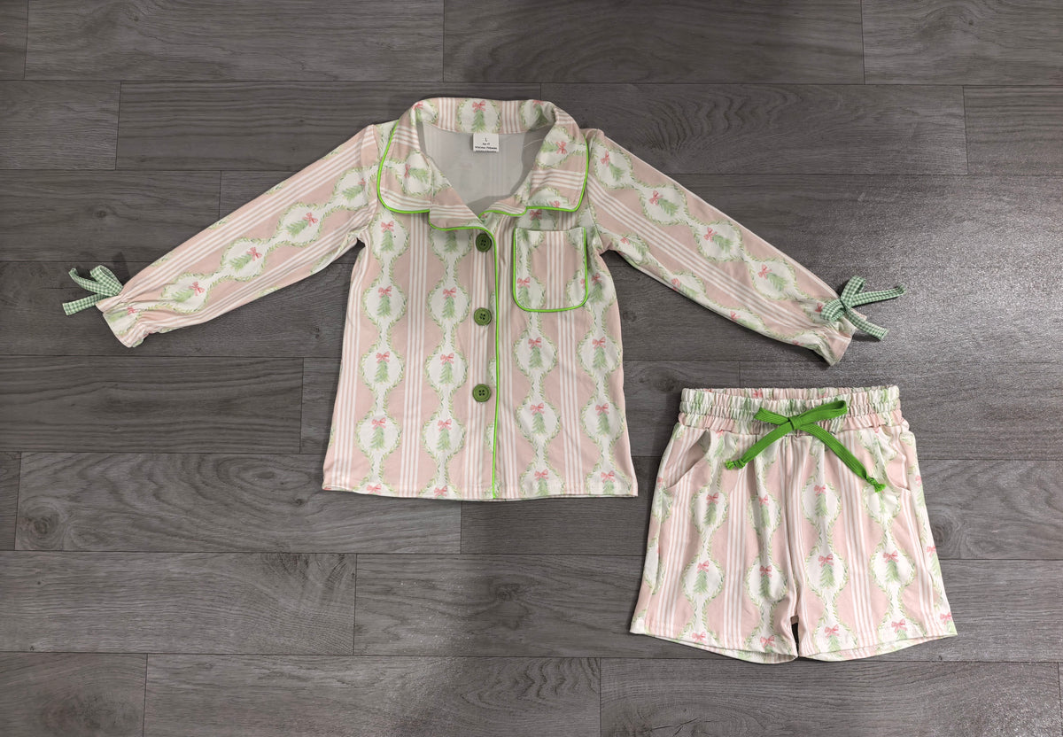 Girls long sleeve Christmas tree top matching shorts pajama set preorder