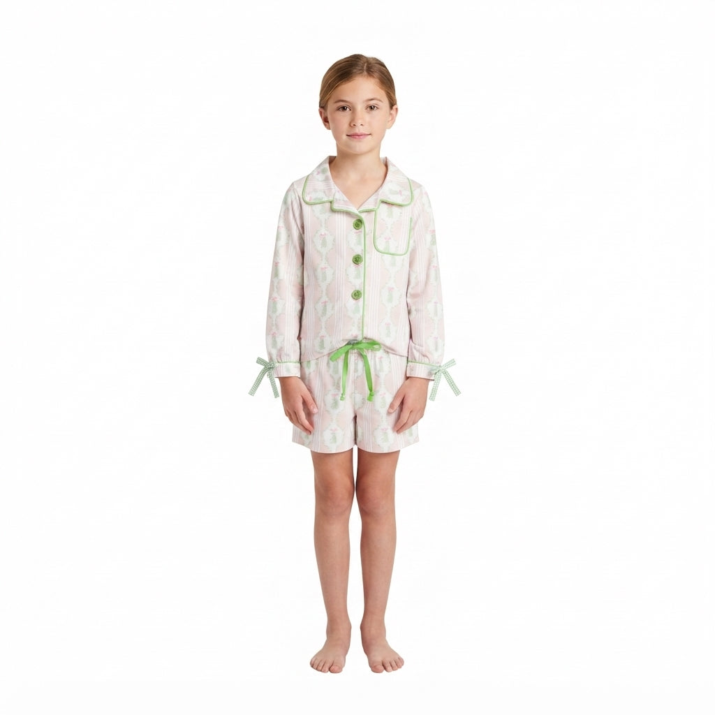 Girls long sleeve Christmas tree top matching shorts pajama set