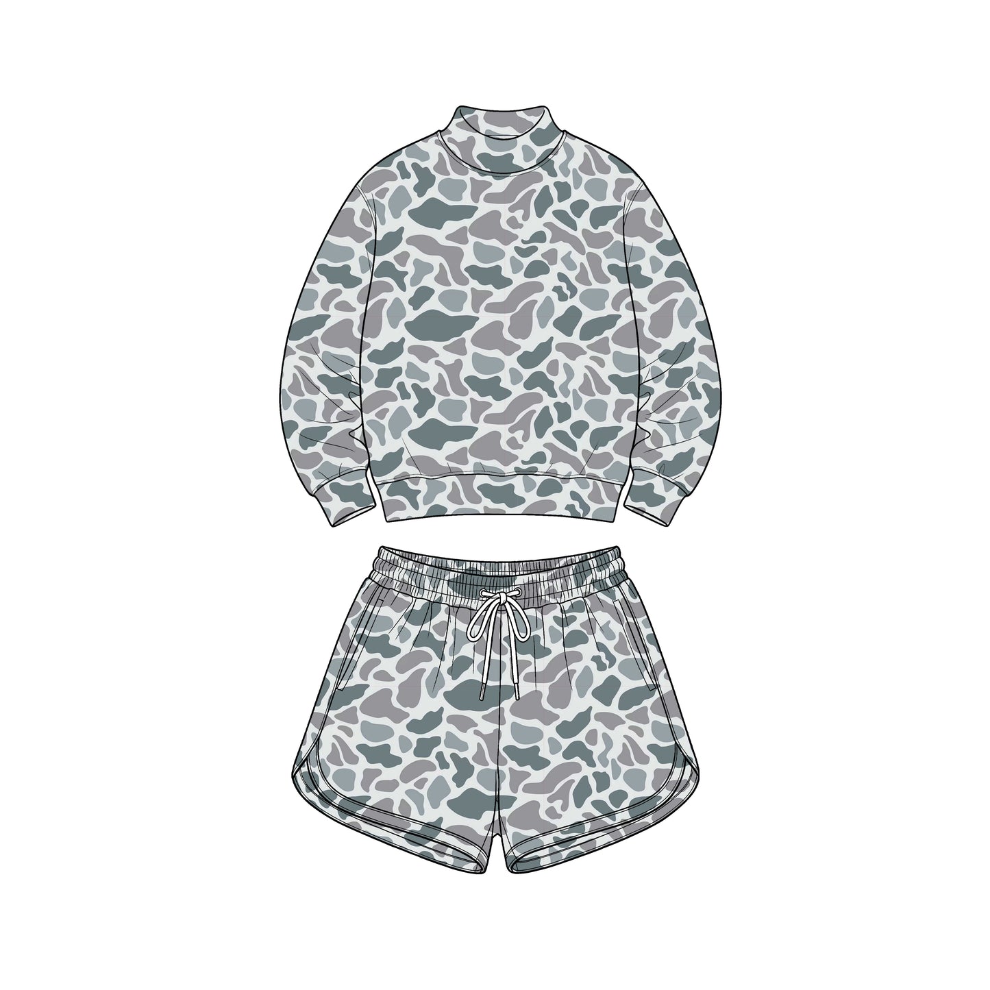 Adult Women grey camo color long sleeve top matching shorts yoga outfit preorder