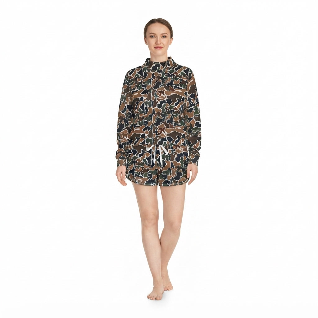 Adult Women brown camo color long sleeve top matching shorts yoga outfit