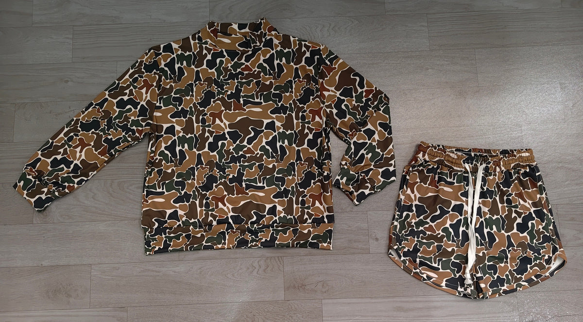 Adult Women brown camo color long sleeve top matching shorts yoga outfit preorder